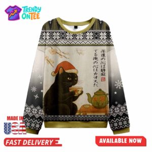 Black Cat Drinking Tea Ugly Christmas Sweater