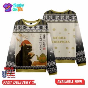 Black Cat Drinking Tea Ugly Christmas Sweater