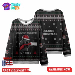 Black Cat Unleash Holiday Chaos Ugly Christmas Sweater