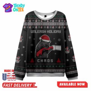Black Cat Unleash Holiday Chaos Ugly Christmas Sweater