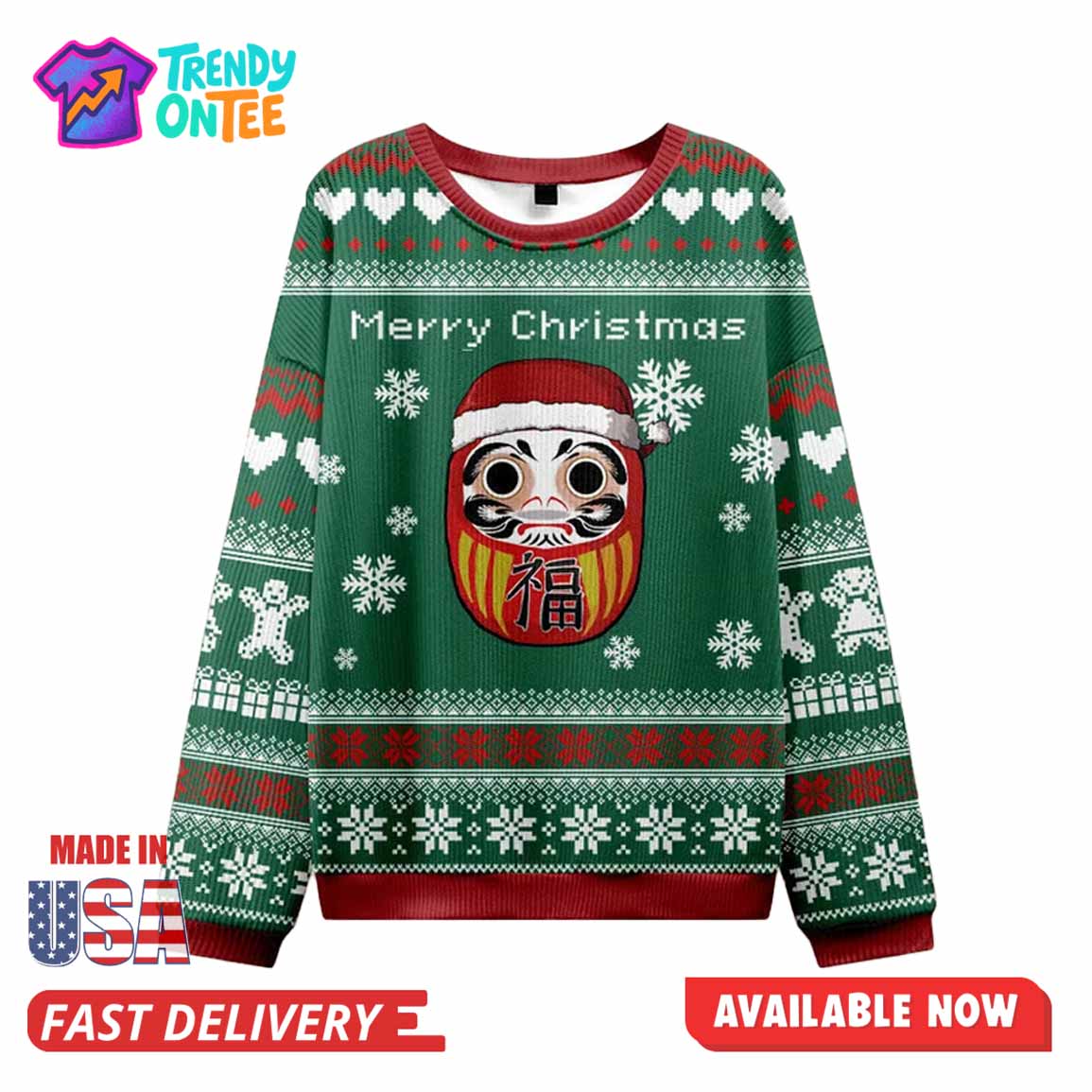 Japanese Daruma Green Ugly Christmas Sweater Japanese Daruma Green Ugly Christmas Sweater