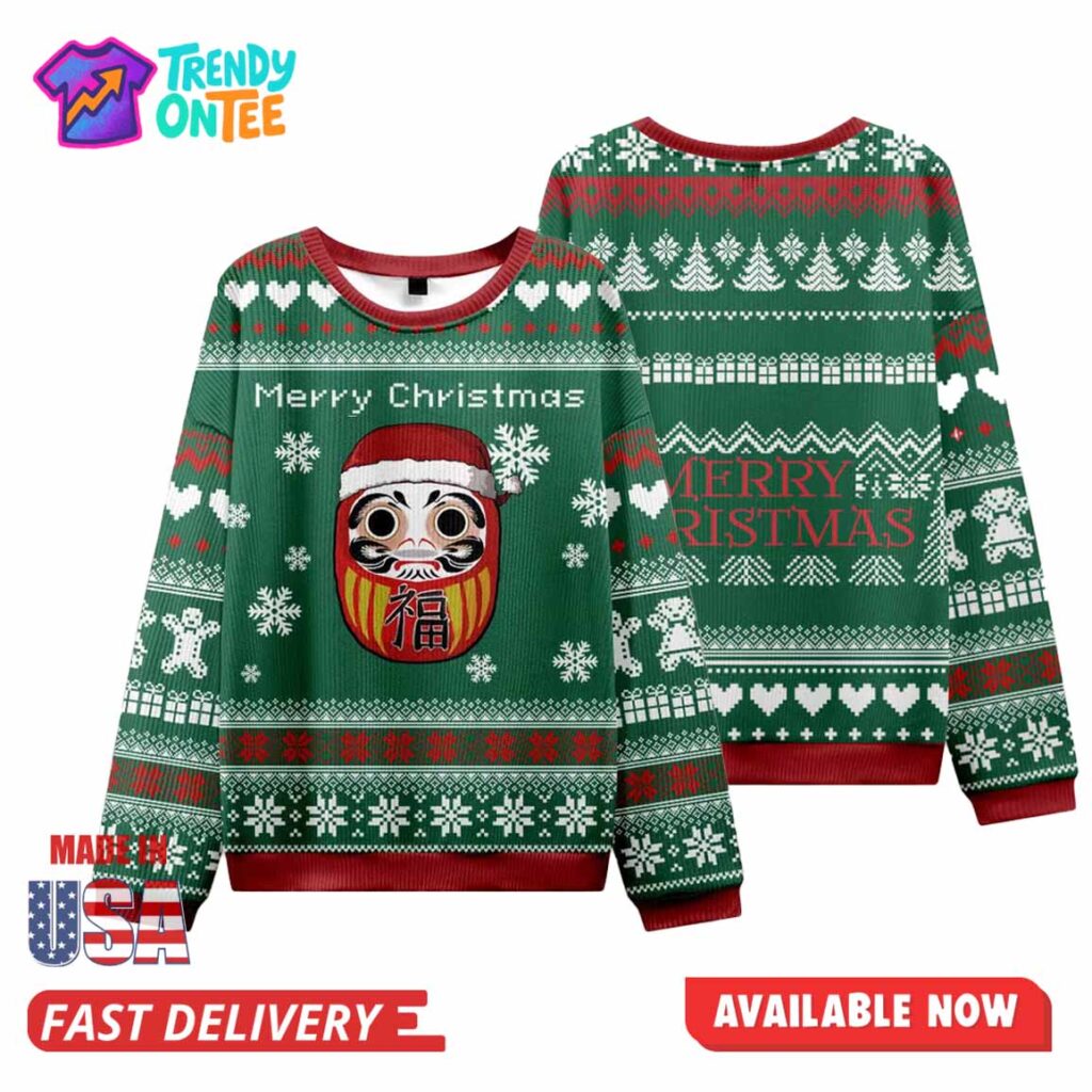 Japanese Daruma Green Ugly Christmas Sweater Japanese Daruma Green Ugly Christmas Sweater