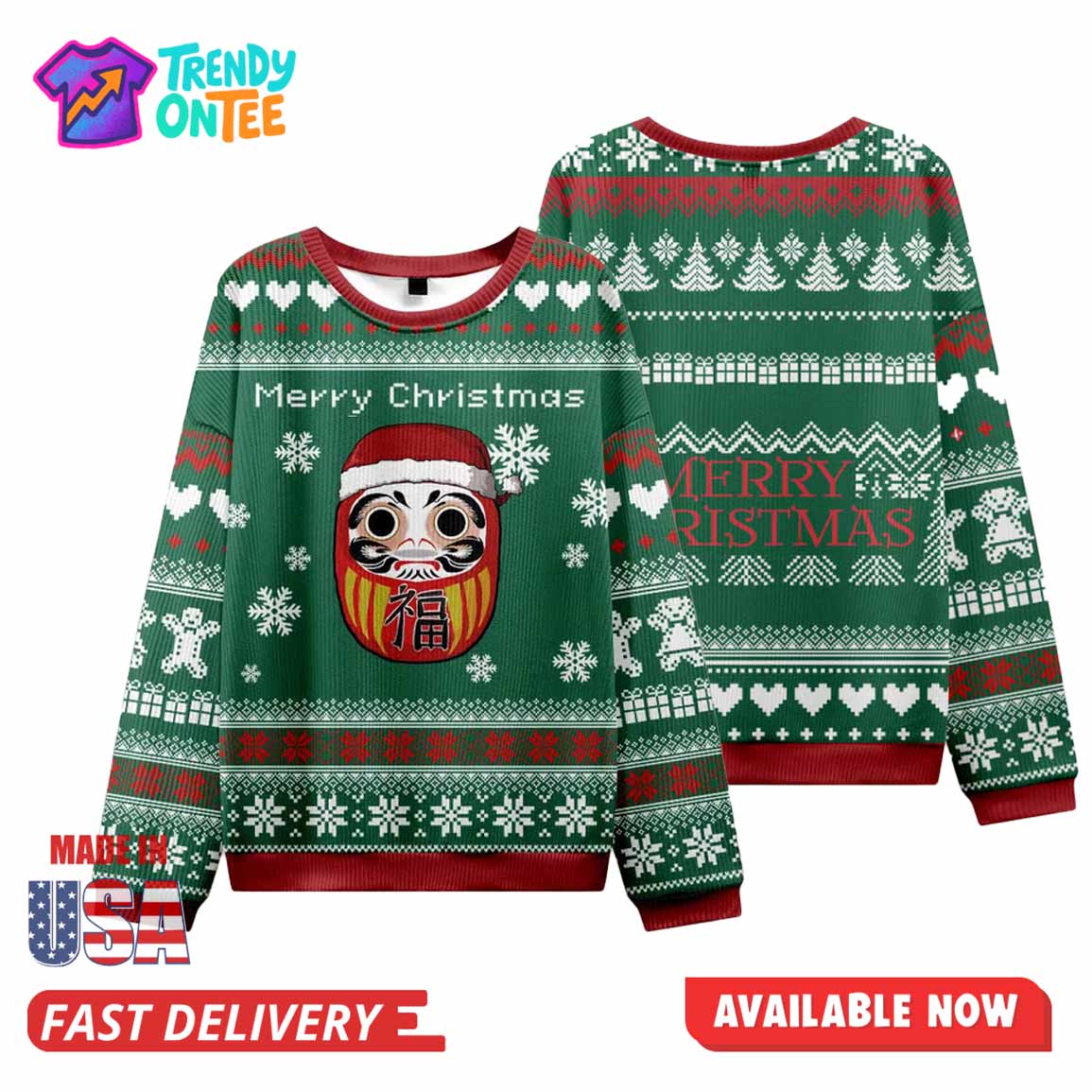 Japanese Daruma Green Ugly Christmas Sweater Japanese Daruma Green Ugly Christmas Sweater