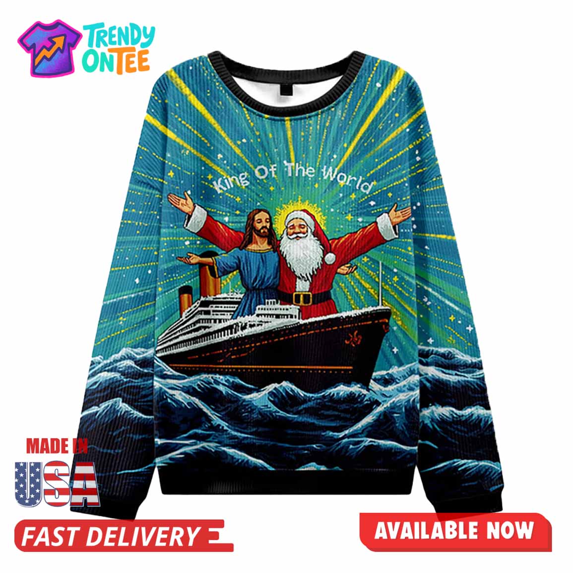 Jesus And Santa King Of The World Ugly Christmas Sweater Jesus And Santa King Of The World Ugly Christmas Sweater