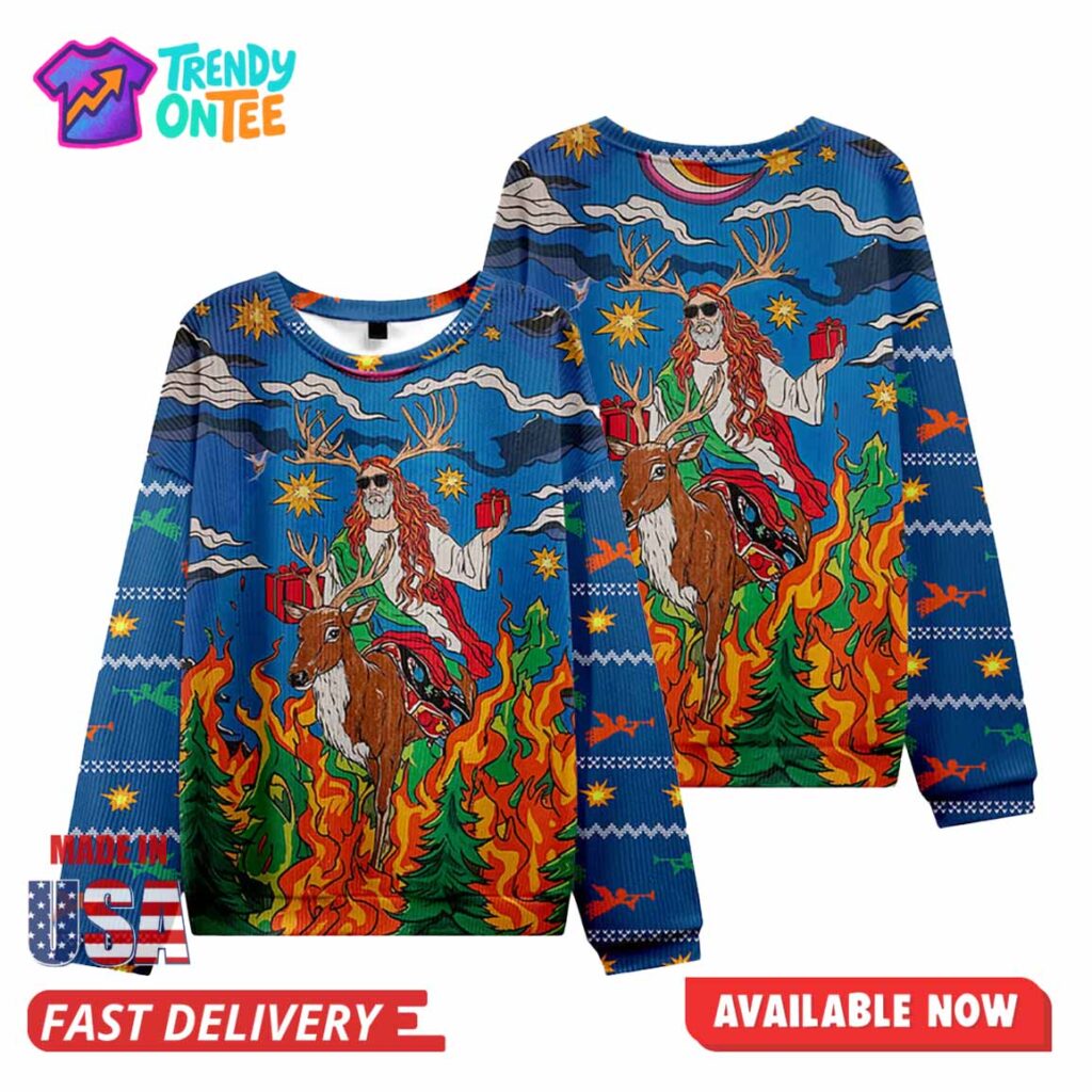 Jesus Riding Reindeer Ugly Christmas Sweater