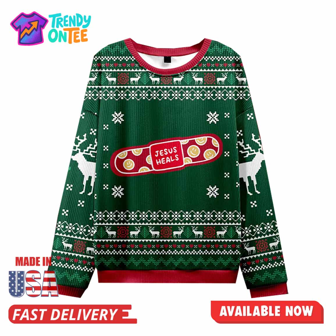 Jesus Heals Green Christian Christmas Ugly Sweater Jesus Heals Green Christian Christmas Ugly Sweater