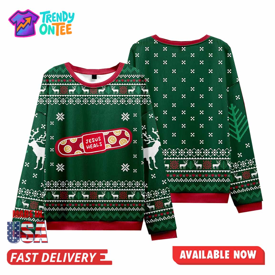 Jesus Heals Green Christian Christmas Ugly Sweater Jesus Heals Green Christian Christmas Ugly Sweater